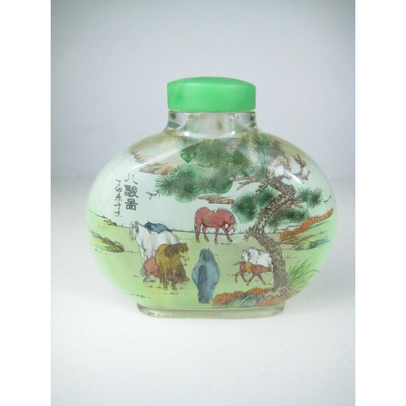 Hand Painted Chinese Reverse Glass Snuff Bottle Cap Box Farm Horses Landscape - Picture 2 of 16